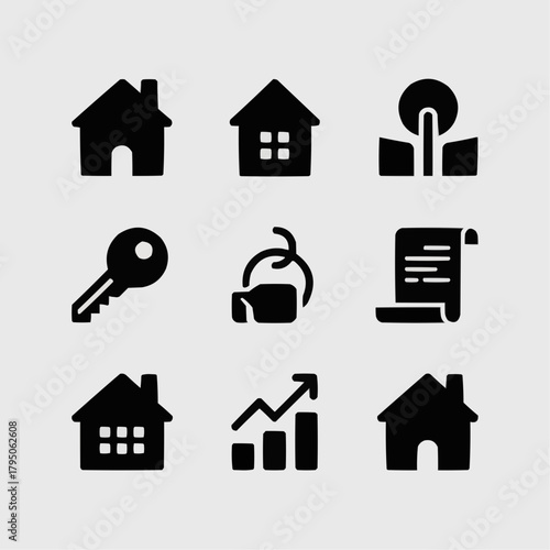 Real Estate Icons: A collection of diverse real estate-themed icons. Each symbol represents a key aspect of property and investment, inviting contemplation on the world of real estate.