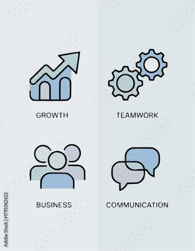 Business Growth Icon Set: A collection of concise icons representing key business concepts: growth, teamwork, communication, and overall business strategy. Each icon, clear and simple.