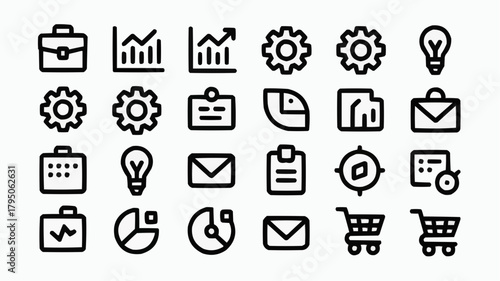 Business Icon Collection: A meticulously curated collection of minimalistic icons representing various aspects of business, finance, and technology, each a symbol of clarity and modern design. 