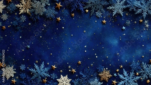 Winter Blue-Gold Snowflakes Border on Deep Blue Gradient Background, Festive Decorative Pattern for Seasonal Design