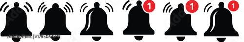 Notification bell icon set vector illustration.   Notification bell symbols in white background. Notification bell icon set, alert icon for incoming inbox message, ringing bell and notification.