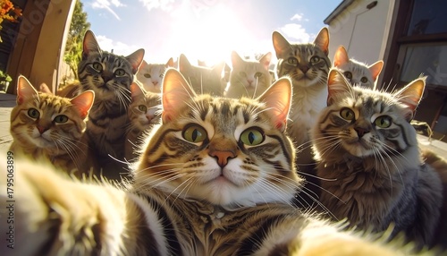Group of Cats Taking a Selfie.