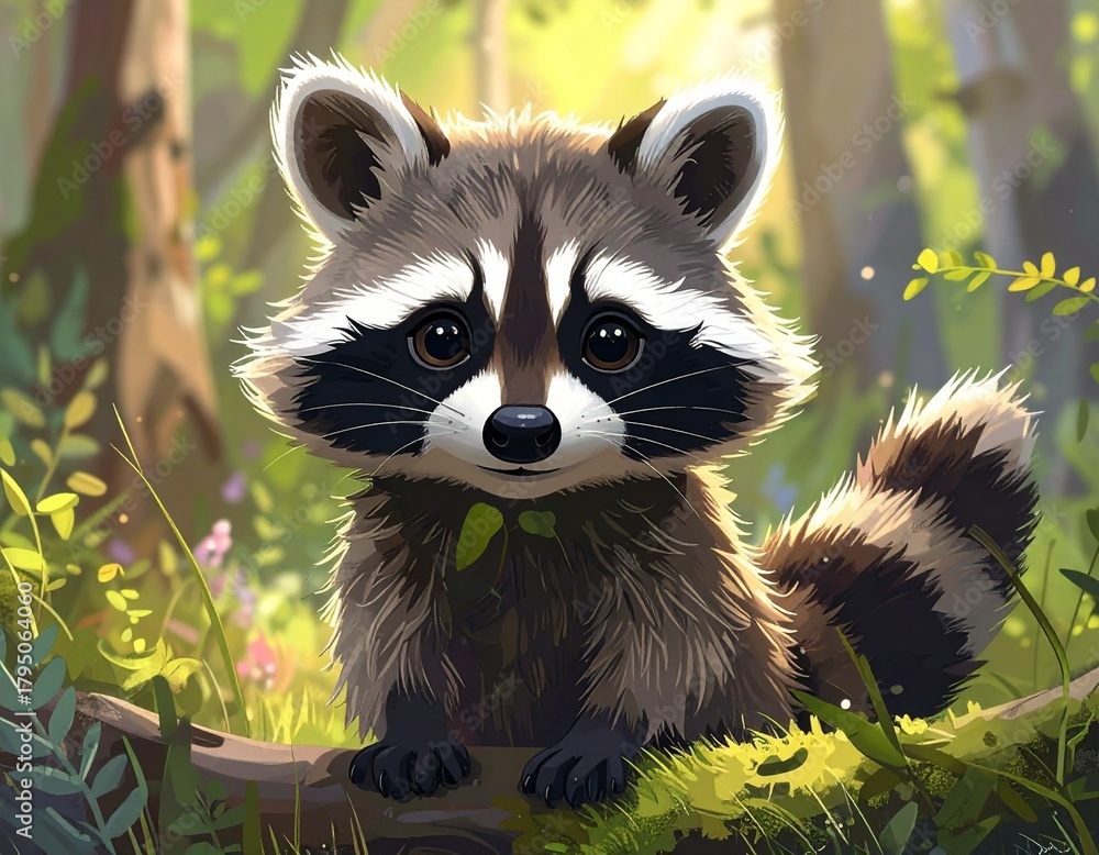 Obraz premium Cute Raccoon Illustration / Adorable Cartoon Animal Character