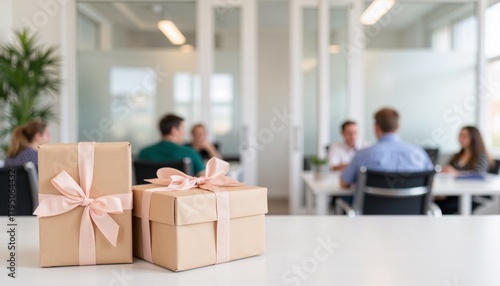 Holiday gift boxes with soft pink ribbons placed on a white desk in a modern office while team members meet in background