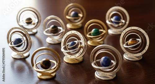 Collection of decorative desk ornaments resembling planetary orbs with rings.