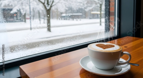 Cozy coffee with heart design on snowy day outside window