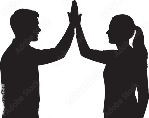 Man and woman high five silhouette showing collaboration, success and unity