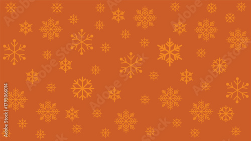 Seamless winter background featuring various sizes of scattered dark yellow snowflakes on a orange background. Simple and cold-toned vector pattern ideal for Christmas, New Year, holiday promotions.