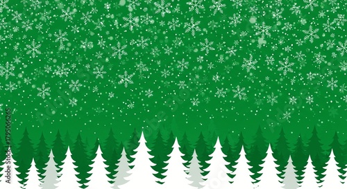 Green christmas trees with falling snow