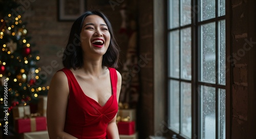 A joyful young asian woman in a red dress laughs heartily in front of a decorated christmas tree and a window
