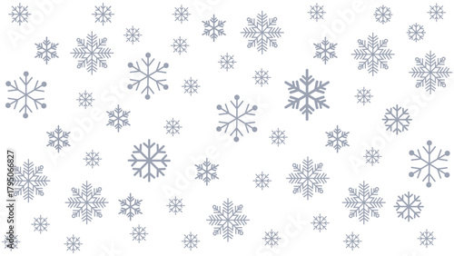 Minimalist winter background featuring falling blue snowflakes on a white backdrop. Perfect for Christmas cards, seasonal greetings, holiday banners, and festive digital or print designs.	