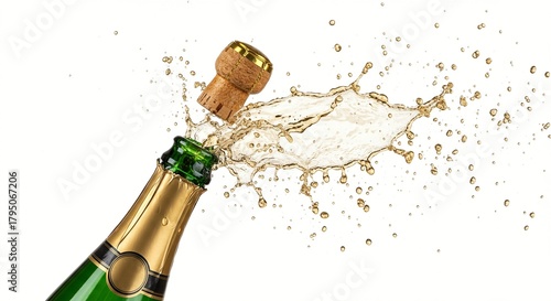 Champagne bottle cork popping with splash