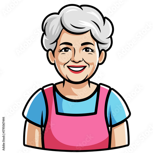 Woman, Friendly Elderly Woman Cartoon Portrait with Gray Hair, Warm Smile, and Pink Apron in Clean Vector Illustration