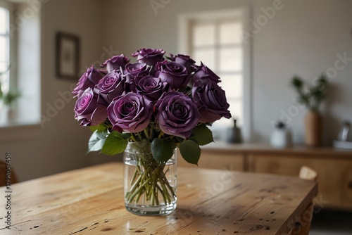 dark purple roses in a vase against a kitchen background
