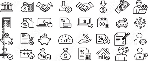A comprehensive collection of line icons representing financial concepts such as banking, loans, savings, investments, property, and money management for various uses.
