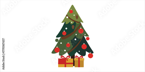christmas tree with gift boxes, red balls A bold yet minimalist composition with handcrafted textures, geometric forms, and clean color blocks. A modern and elegant design that balances simplicity wit