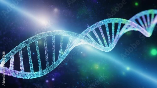 Vibrant abstract DNA strand curls through a dark blue space featuring glowing particles and a luminous light beam conveying science genetics and innovation