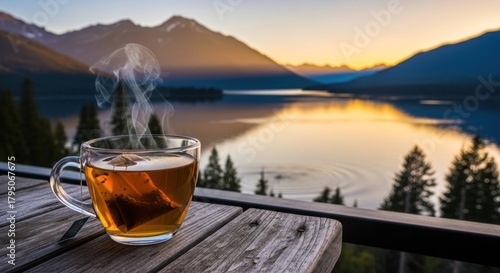 Steaming cup of tea sits on wooden table overlooking serene lake and mountains at sunrise, creating a peaceful and calming atmosphere.