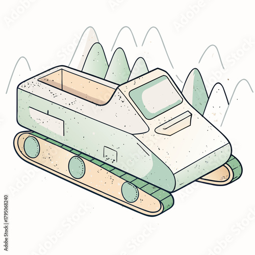 Snow tank vehicle with tracks on snowy mountain background  