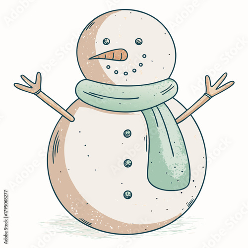 Cartoon snowman with scarf and joyful expression in winter scene  