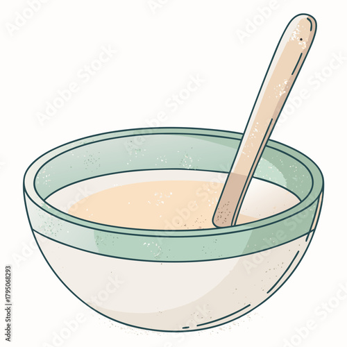 Bowl of creamy substance with a spoon in light green design  