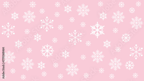 Seamless winter background featuring various sizes of scattered white blue snowflakes on a pink background. Simple and cold-toned vector pattern ideal for Christmas, New Year, holiday promotions.
