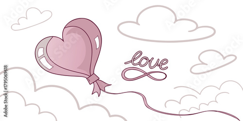 Floating heart balloon with trailing ribbon spelling “Love”
