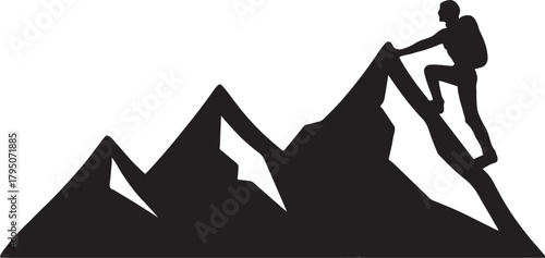 Silhouette of a lone climber ascending a jagged mountain peak at sunrise.