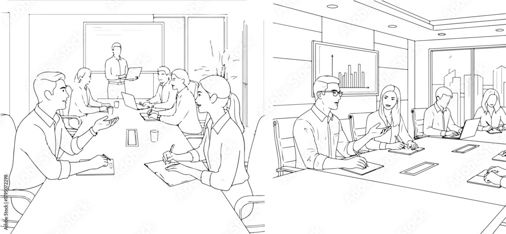 Fototapeta premium Line Art Illustration of Two Business Meetings in Different Rooms