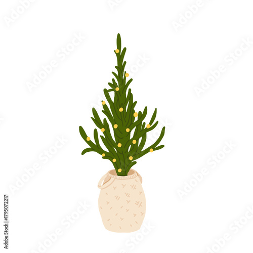 Christmas tree in a decorative basket with festive greenery, cozy winter home decor element, minimalist holiday illustration in warm seasonal style, vector flat cartoon design for Christmas projects