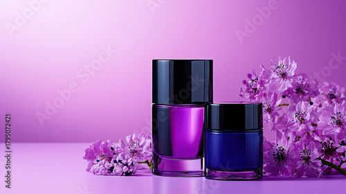 Luxurious purple cosmetic jars with black lids are elegantly displayed alongside delicate pink flowers against soft purple background
