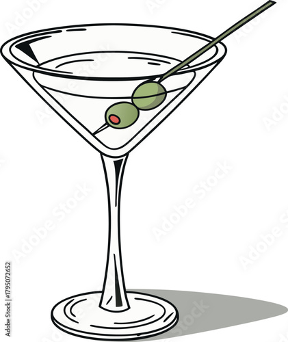 Minimal line art vector illustration of a margarita cocktail glass with lime slice, ice cubes, and citrus fruit. Perfect for bar menus, summer drink promotions, restaurant branding, cocktail party