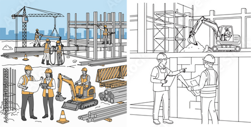 Construction site scene illustration with builders and machines