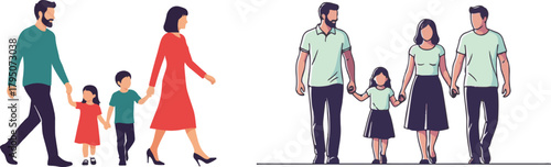 Flat Design Families Illustration Walking Together Vector Art