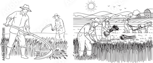 Farmers Harvesting Wheat in a Field Scene, Illustration in Retro Style