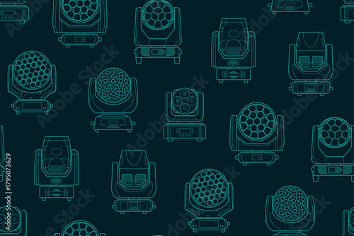 Seamless pattern of professional stage moving head lights illustrated in a clean linear style on a dark background, perfect for lighting design, event production, and technical backgrounds.