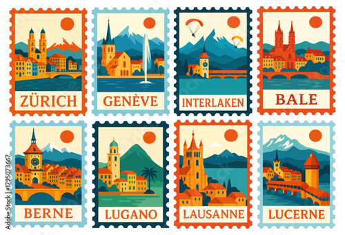 SET OF SWISS CITY AND LANDSCAPE STAMPS (GENEVE, LAUSANE, ZURICH, BASEL, LUGANO, LUCERNE, INTERLAKEN, BERNE)