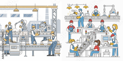 Factory Assembly Line with Workers and Robots Illustration