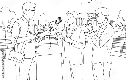 Black and White Line Drawing of Media Interview in Park