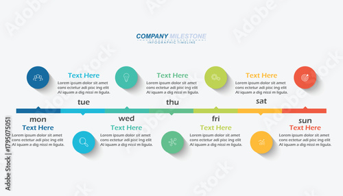 Circular or pin timeline weekly infographic template or element with 7 day, step, process, option, colorful rectangle, bar, column, arrow, tag
