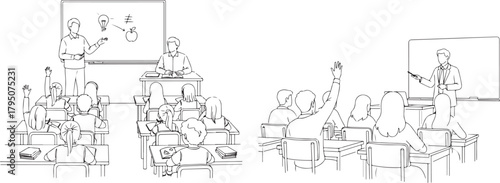 Classroom scene with teacher and students, black and white illustration