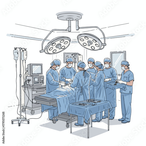 Operating room team performing surgery with equipment illustration