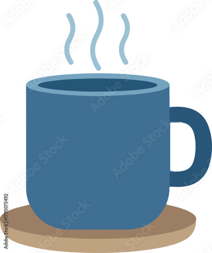 A minimalist illustration of a steaming blue mug resting on a brown coaster, indicating a hot drink.