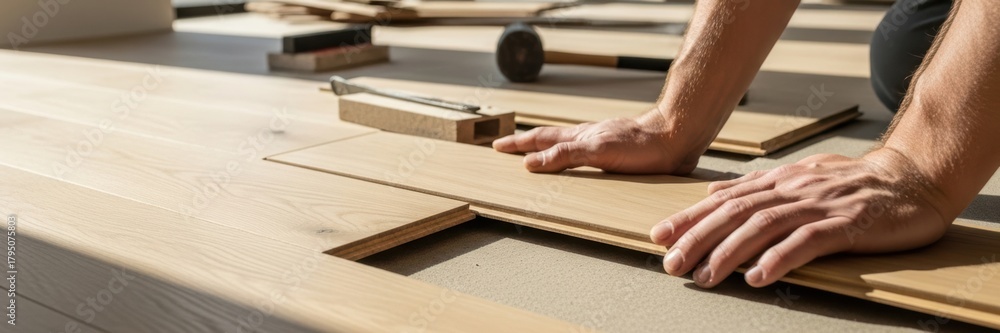 Obraz premium Colocación de piso, primer plano de mano y tabla, banner panorámico horizontal