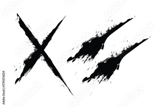 Grunge brush strokes, distressed scratch marks, and a bold x symbol. textured graphic elements for overlays and design.