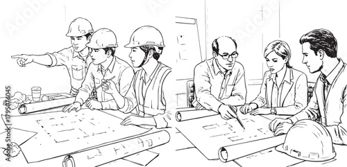 Construction Project Planning Meeting with Blueprints and Hard Hats