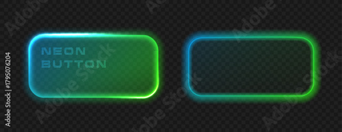 Neon glowing green blue rectangle button isolated. Set glow vector frame. UI light box banner on black