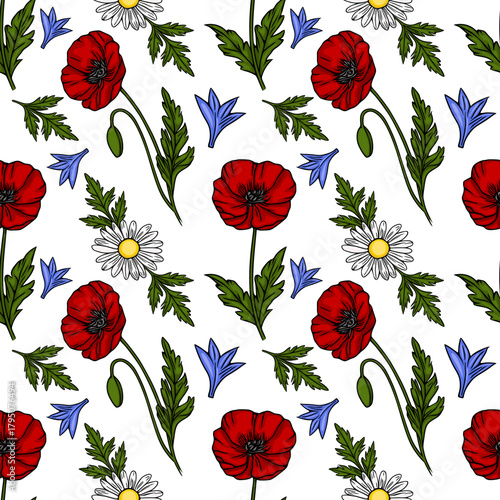 Seamless vector pattern of vibrant red poppies, delicate white daisies, and blue bellflowers with lush green foliage on a clean white background.