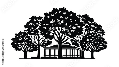 Black silhouette of a building nestled among lush trees on a white background house