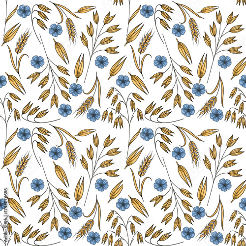 Seamless vector pattern of golden wheat and oat stalks with delicate blue flax flowers on a white background, evoking a rustic harvest theme.